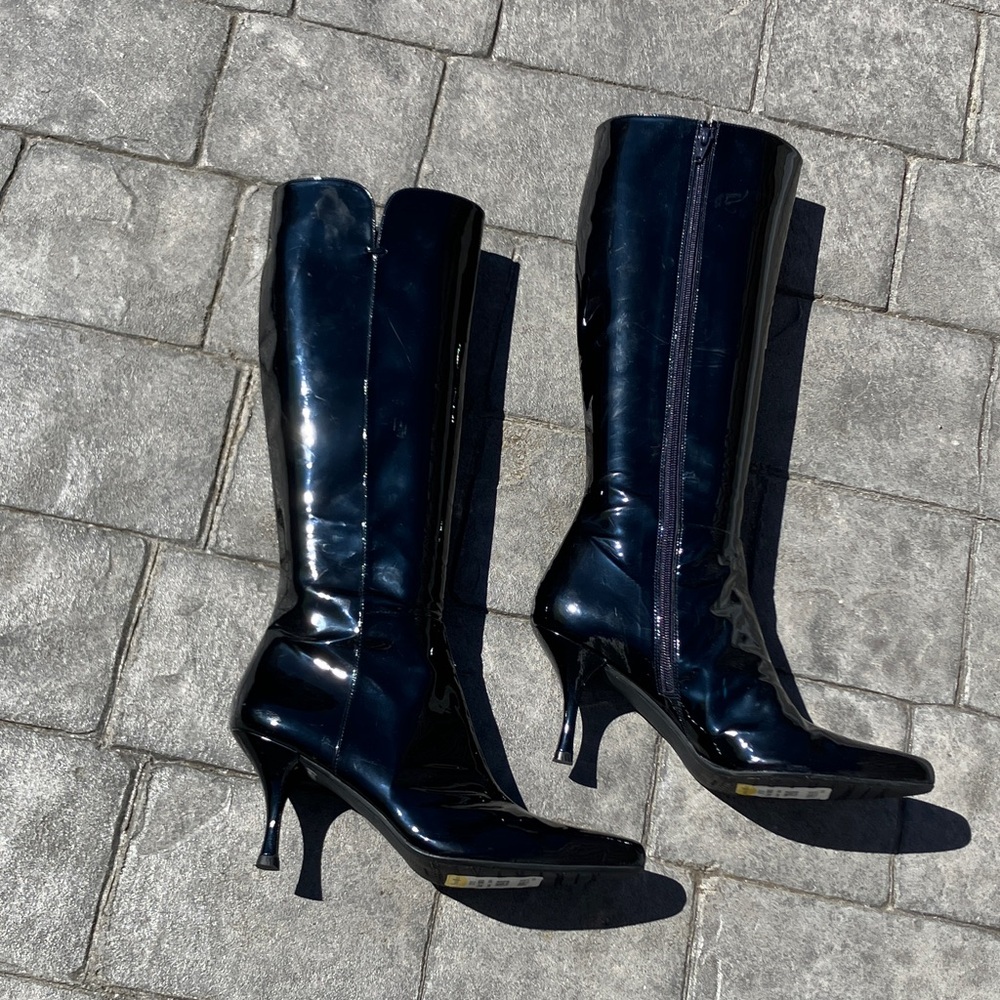 Stuart Weitzman Black Patent Leather Knee-High Stiletto Boots - Picture 3 of 16